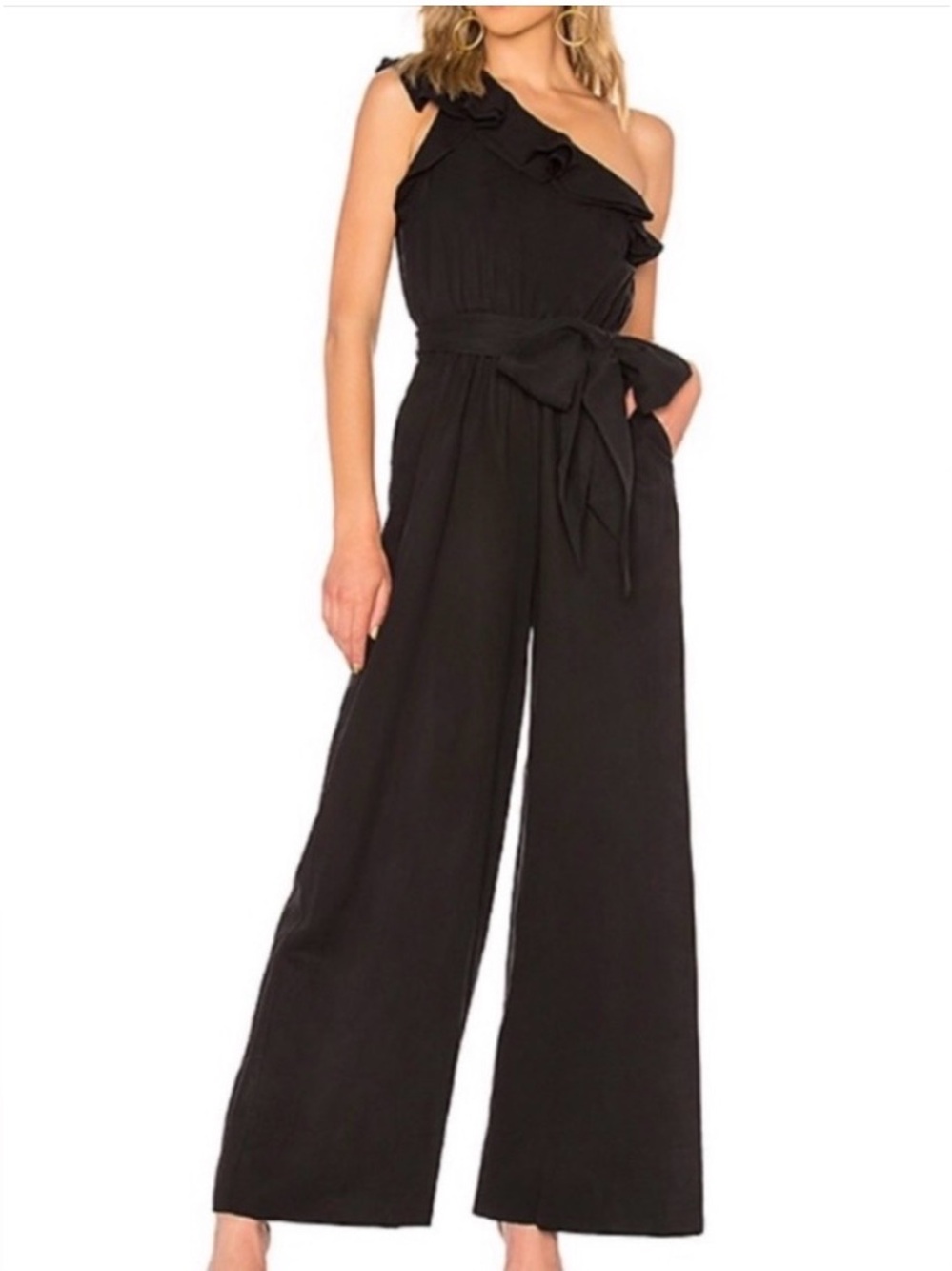 Ulla Johnson Demi Black One-Shoulder Ruffle Wide-Leg Jumpsuit